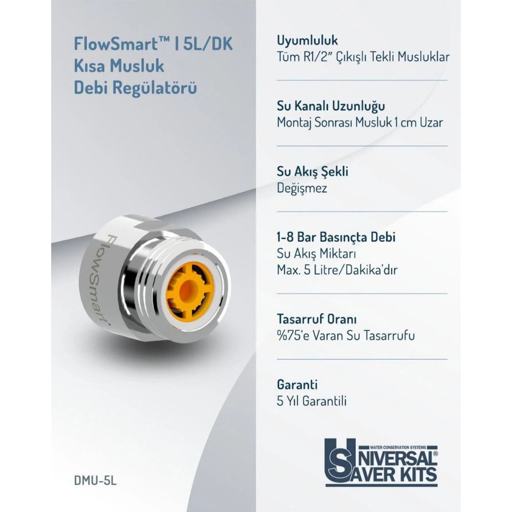 Kısa Musluk Debi Regulatörü 5L/Dak. | G1/2" (Yarım Parmak ≈ 22 mm) Dişli Bağlantı - Görsel 2